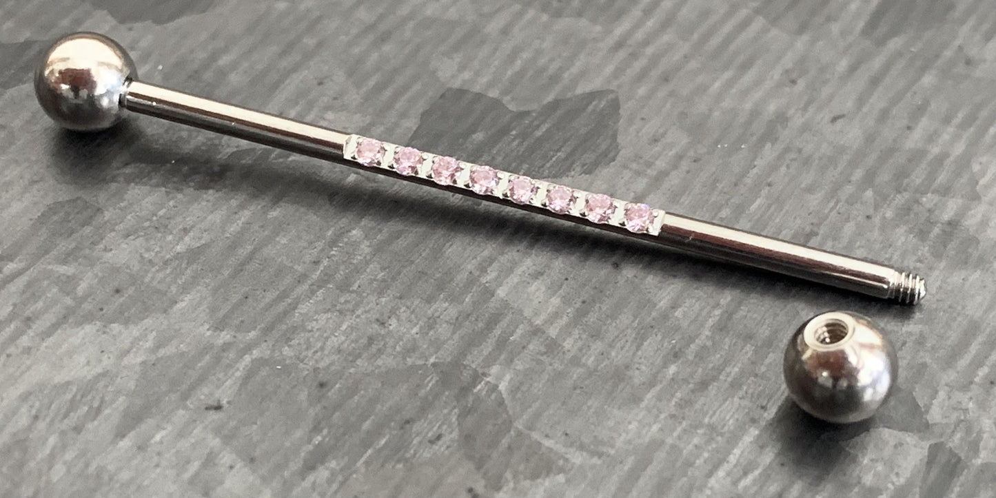 1 Piece Stunning CNC Set Lined CZ Gems Industrial Barbell - 14g, Length 38mm 1.5" - Silver, Black, Gold, Rose Gold and Multi-Color!