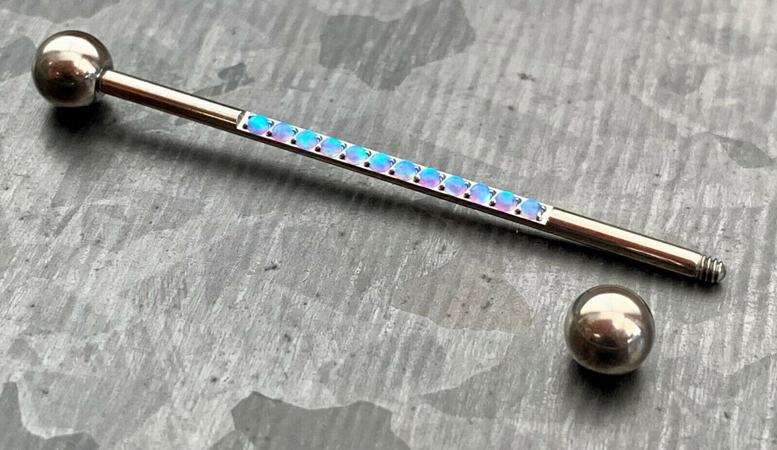 1 Piece of Implant Grade Titanium CNC Set Lined Opals Industrial Barbell - 14g, Length 38mm 1.5" - Silver, Black, Gold, and Rose Gold!!