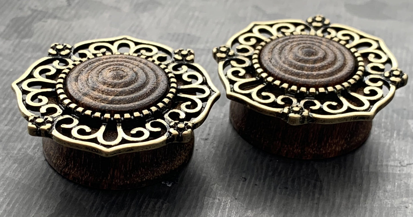 PAIR of Beautiful Antique Gold Plated Tribal Filigree Top Rose Wood Saddle Plugs