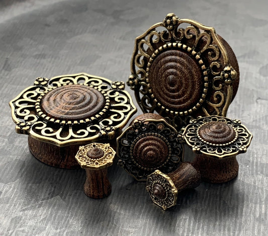 PAIR of Beautiful Antique Gold Plated Tribal Filigree Top Rose Wood Saddle Plugs
