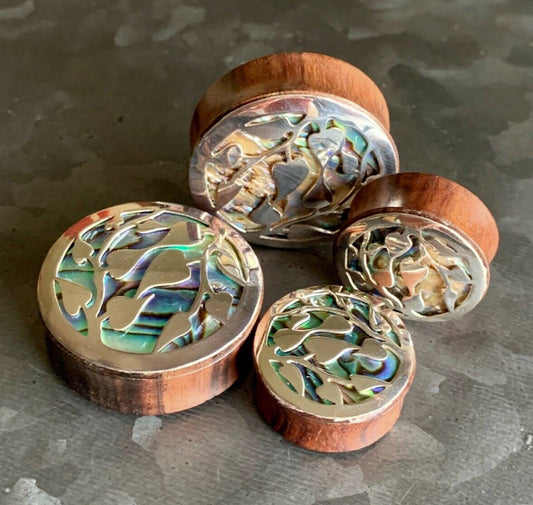 PAIR of Stunning Silver Leaves and Organic Abalone Shell Inlaid Sono Wood Saddle Plugs - Gauges 0000g (12mm) thru 1&3/8" (34mm) available!