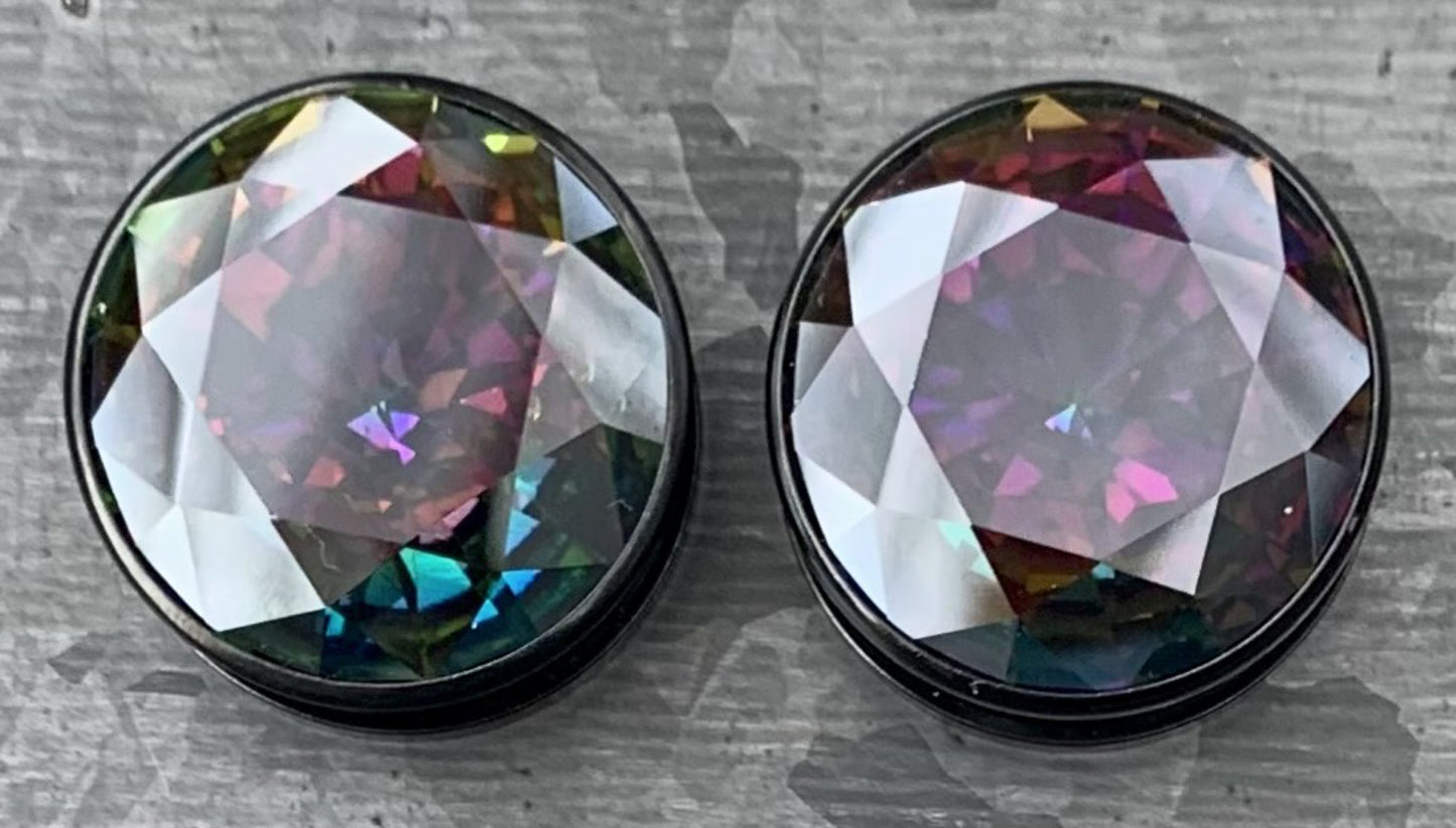 PAIR of Unique Large Vitrail Medium Gem Black Screw Fit Tunnels/Plugs - Gauges 8g (3.2mm) thru 1" (25mm) available!