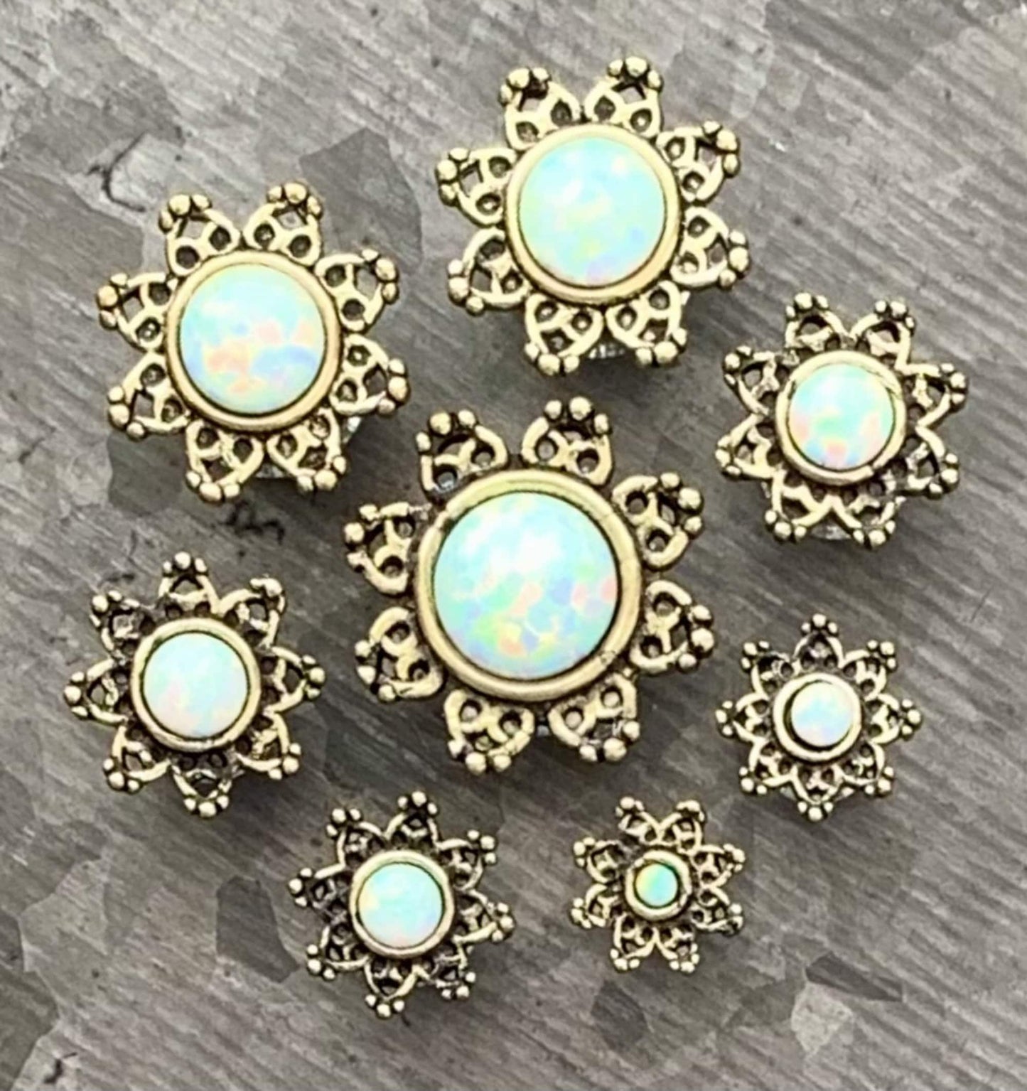 PAIR of Stunning Internally Threaded Lotus Flower with Opal Double Flare Tunnels/Plugs - Gauges 8g (3mm) thru 00g (10mm) available!