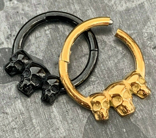 1 Piece Unique Triple Skull Hinged Segment Septum Clicker Ring - 16g - 8mm Internal Diameter - Black or Gold Available!