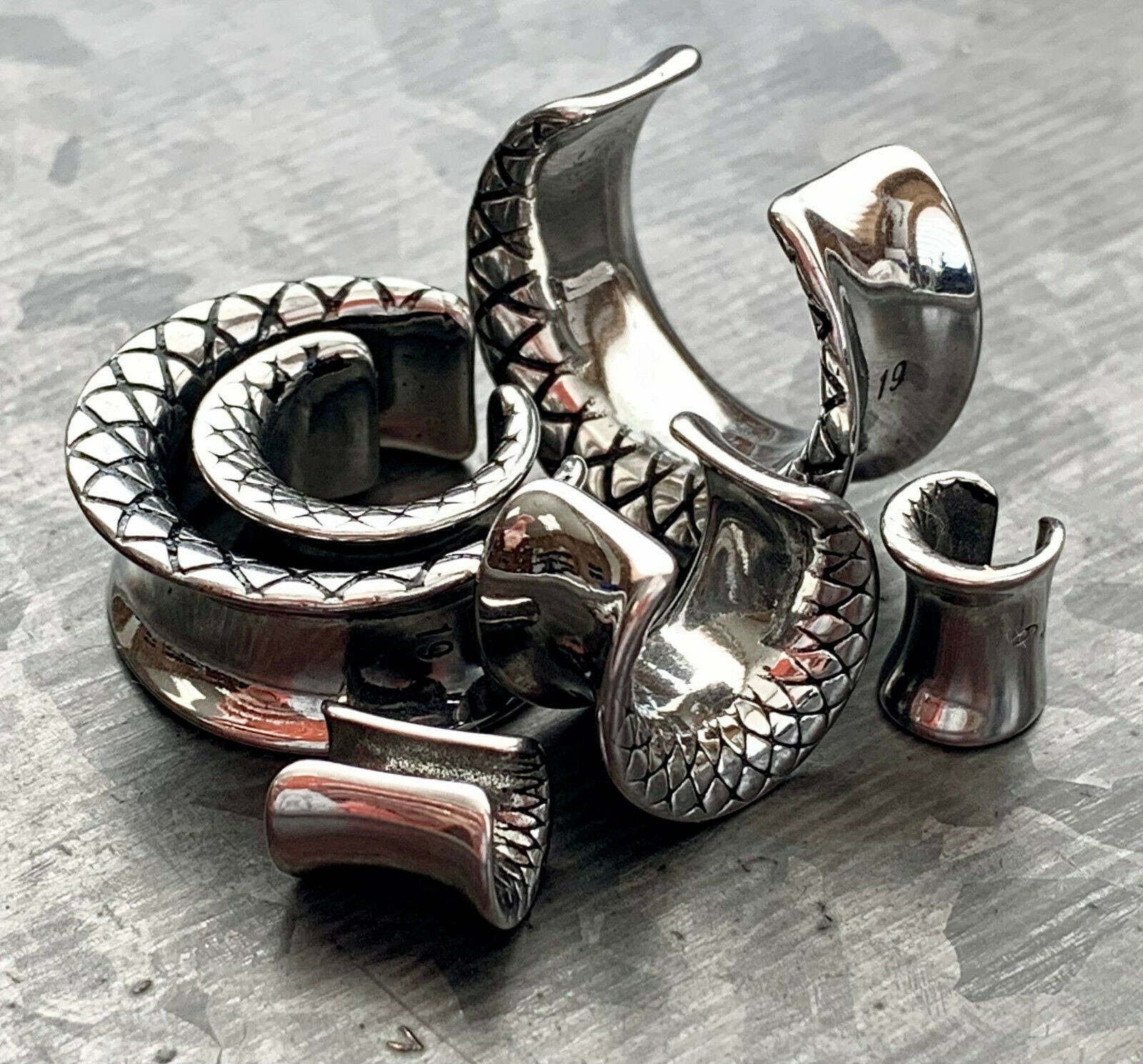 PAIR of Unique Snake Skin Style Surgical Steel Saddle Ear Spreaders Plugs - Gauges 2g (6.5mm) thru 3/4" (19mm) available!