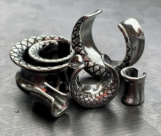 PAIR of Unique Snake Skin Style Surgical Steel Saddle Ear Spreaders Plugs - Gauges 2g (6.5mm) thru 3/4" (19mm) available!