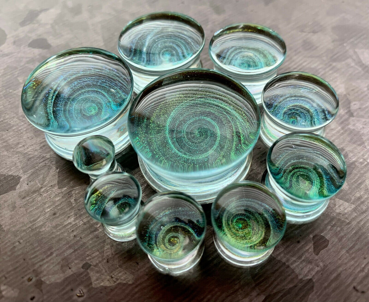 PAIR of Stunning Aurora Borealis Galaxy Swirl Design Pyrex Glass Double Flare Plugs - Gauges 2g (6mm) through 1" (25mm) available!