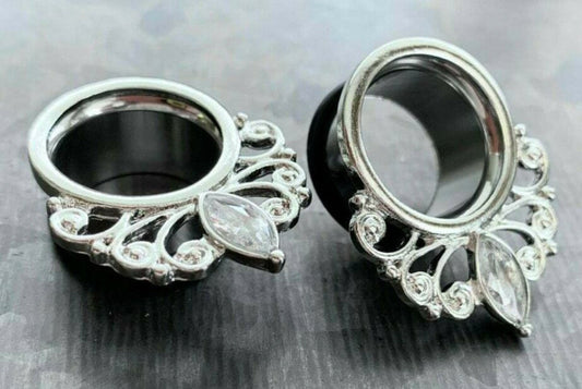PAIR of Marquise Crystal Vintage Filigree Drop Single Flare Tunnels/Plugs - Gauges 4g (5mm) thru 16g (5/8") available & includes O-rings!
