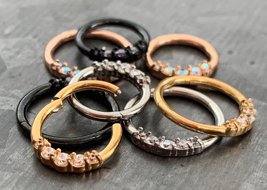 1 Piece Brilliant Five CZ Gem Stainless Steel Hinged Segment Septum Ring - 16g - 10mm or 8mm - Silver, Gold, Rose Gold & Black available!
