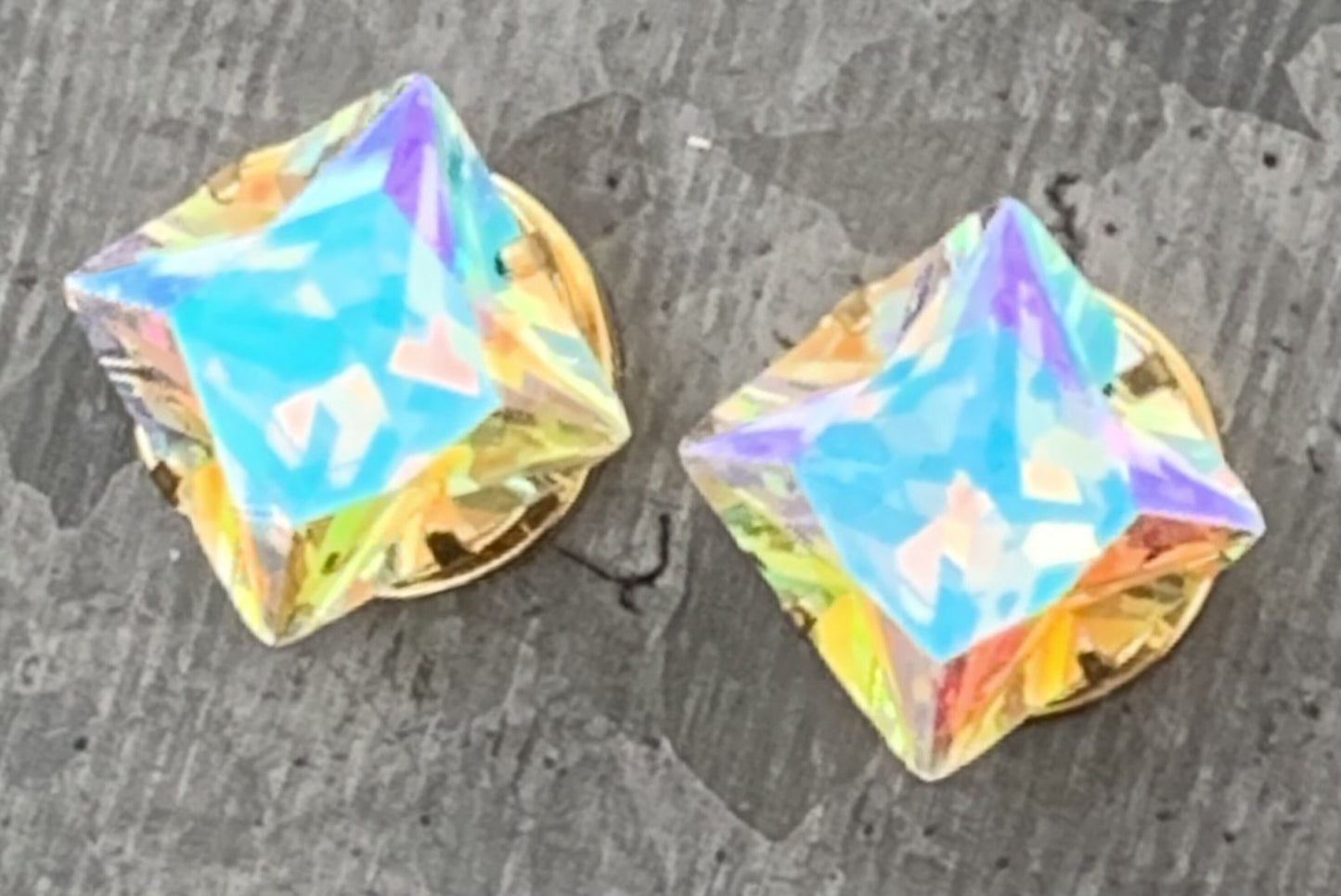 PAIR of Stunning Gold Large Square Aurora Borealis CZ Gem Steel Screw Fit Tunnels/Plugs - Gauges 8g (3.2mm) thru 1/2" (12mm) available!