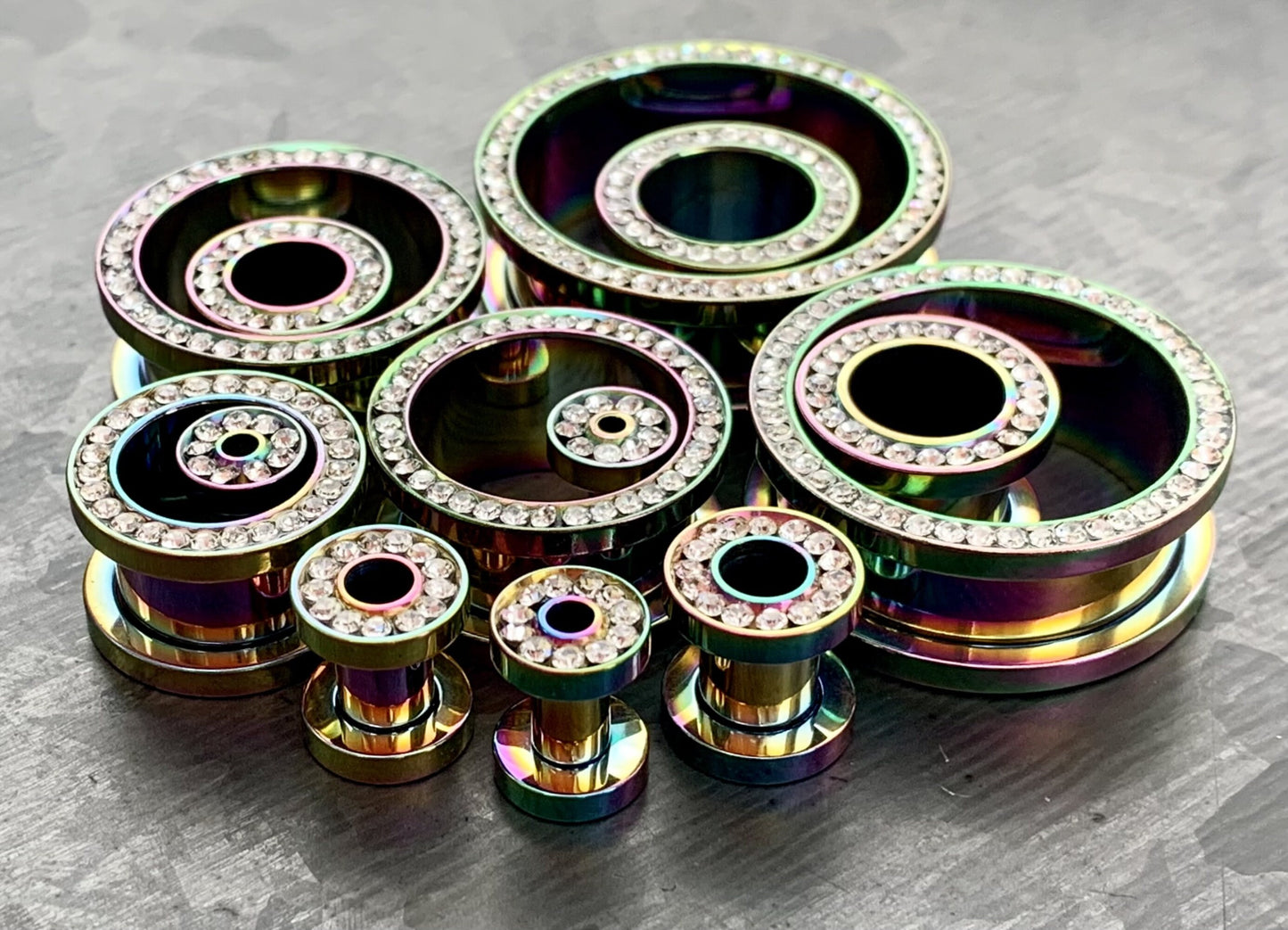 PAIR of Unique Rainbow PVD plated CZ Gem Rimmed Tunnels/Plugs - Gauge 10g (2.5mm) thru 1" (25mm) available!