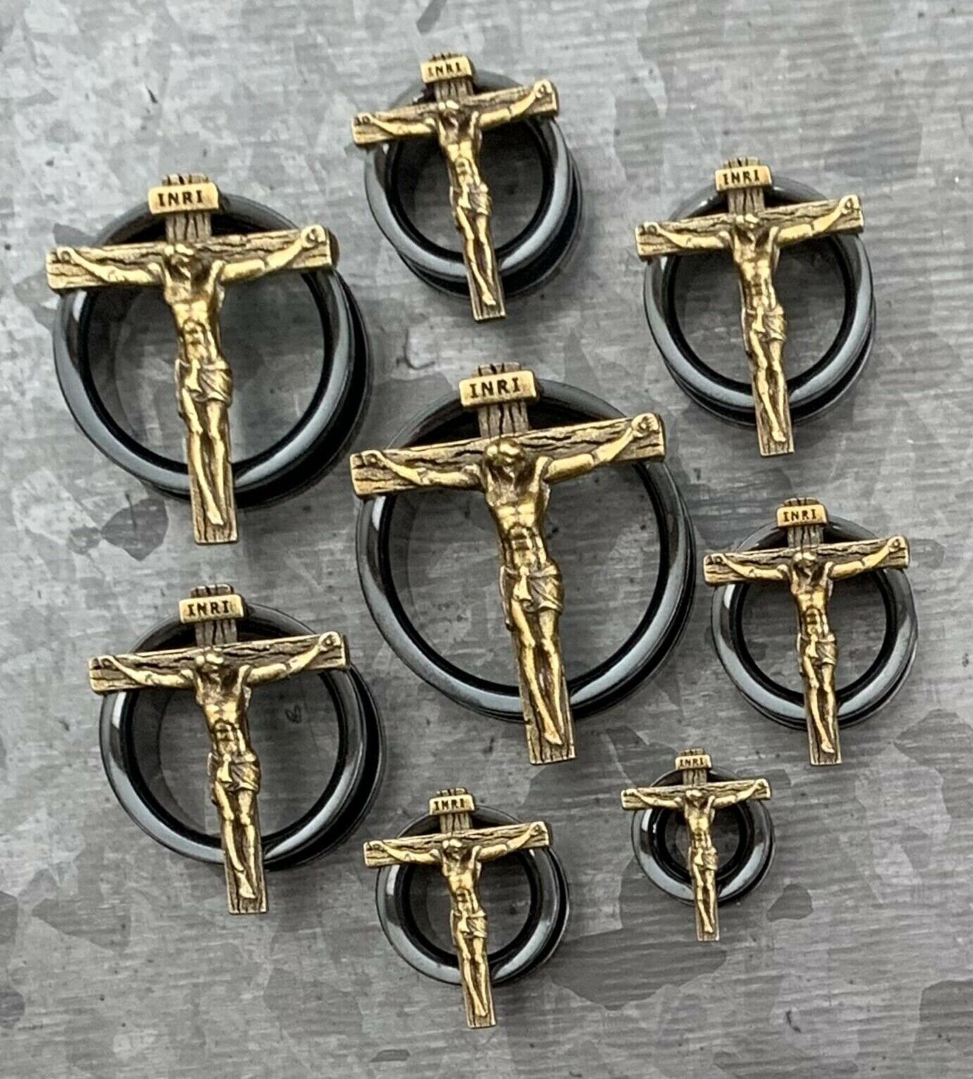 PAIR of Stunning Jesus Crucifixion Gold and Black Steel Screw Fit Tunnels/Plugs - Gauges 0g (8mm) thru 1" (25mm) available!