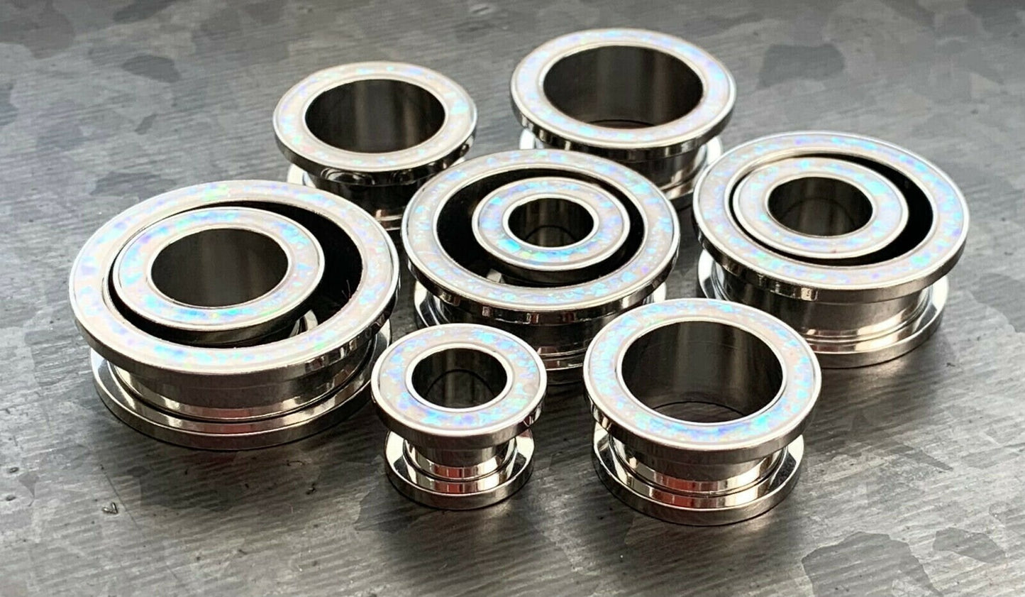 PAIR of Brilliant White Opal Glitter Rimmed Steel Screw Fit Tunnels/Plugs - Gauges 0g (8mm) thru 1" (25mm) available!