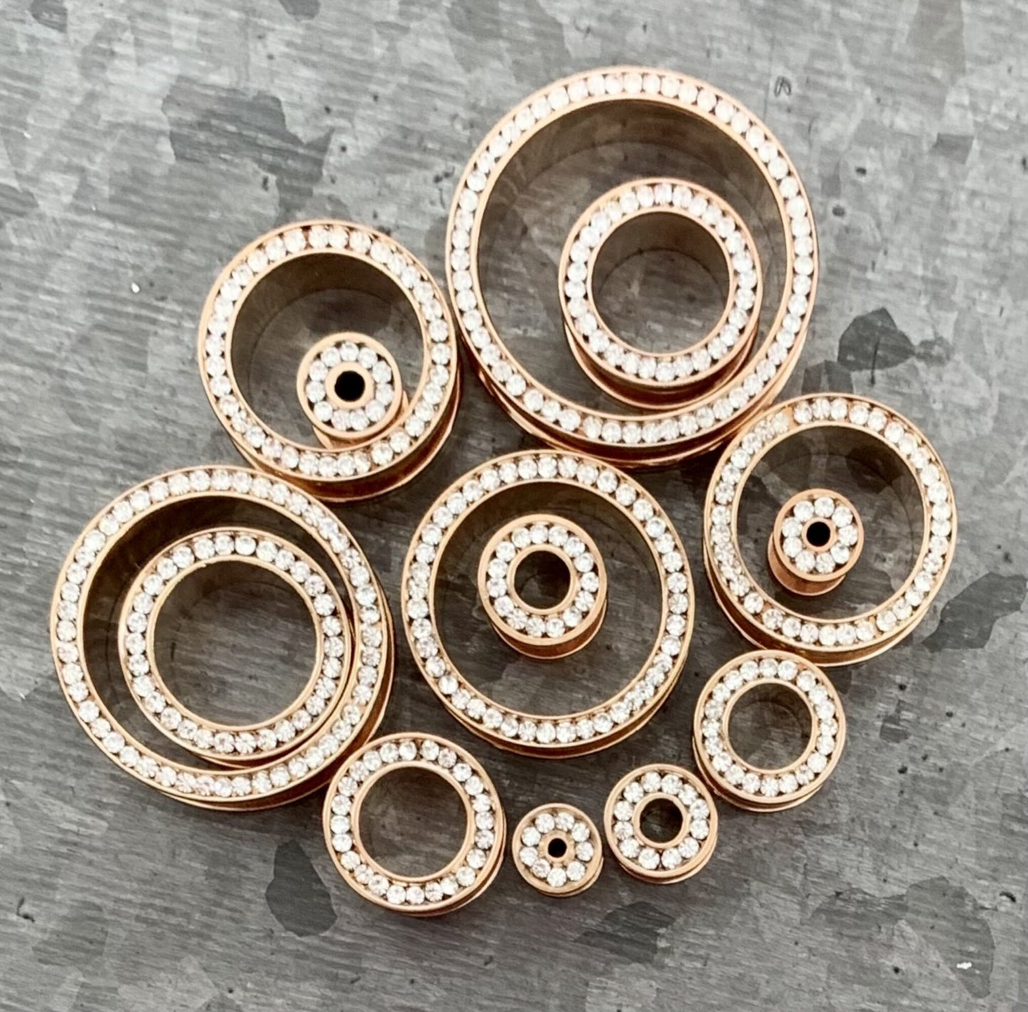 PAIR of Stunning Rose Gold PVD plated CZ Gem Rimmed Tunnels/Plugs - Gauge 10g (2.5mm) thru 1" (25mm) available!