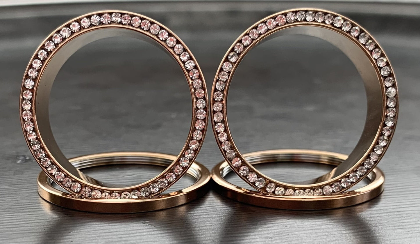 PAIR of Stunning Rose Gold PVD plated CZ Gem Rimmed Tunnels/Plugs - Gauge 10g (2.5mm) thru 1" (25mm) available!