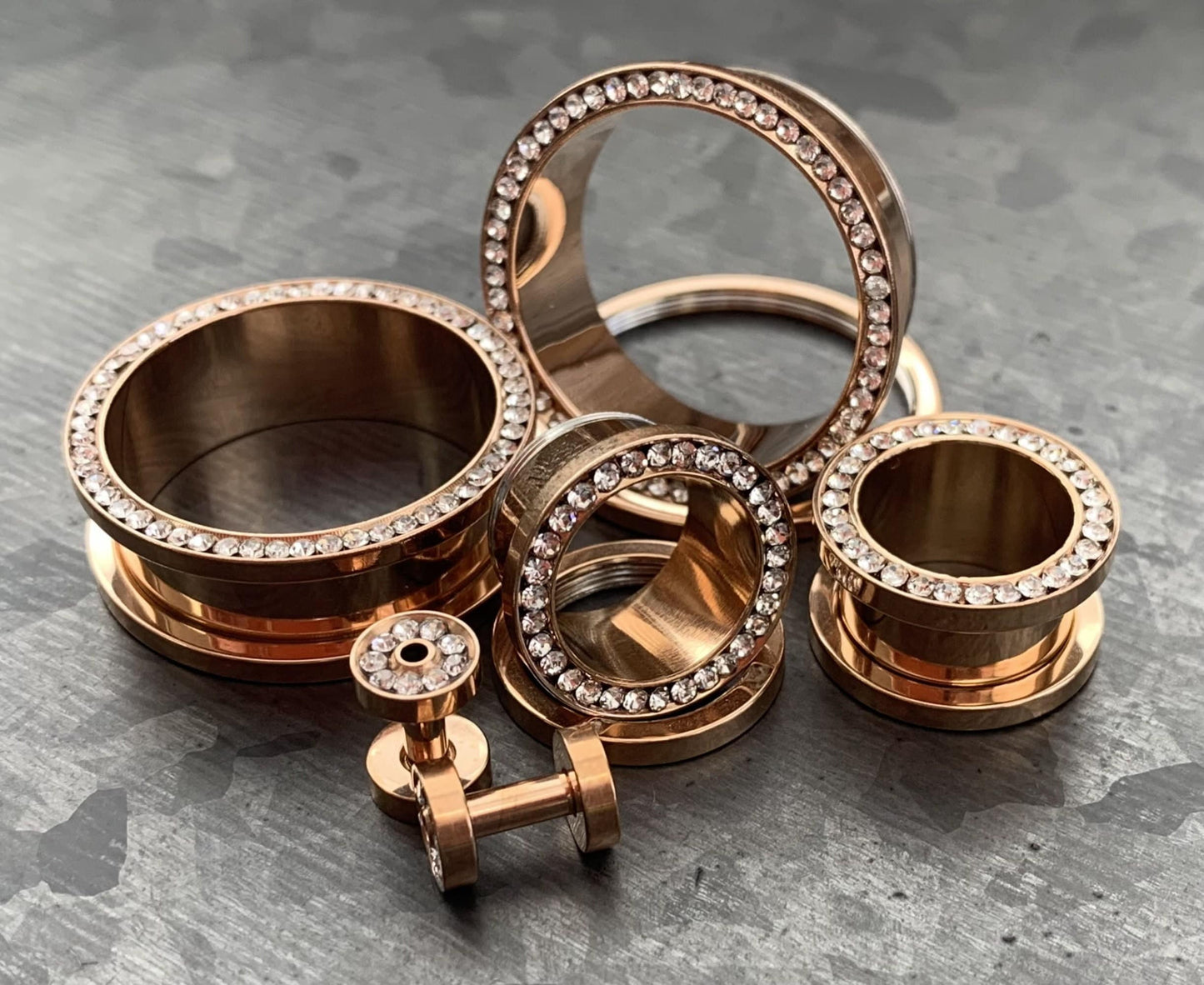 PAIR of Stunning Rose Gold PVD plated CZ Gem Rimmed Tunnels/Plugs - Gauge 10g (2.5mm) thru 1" (25mm) available!
