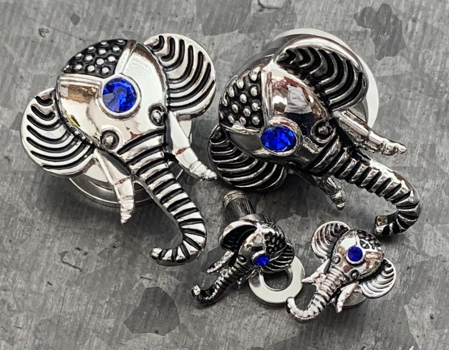 PAIR of Stunning Elephant with Sapphire Blue CZ Gem Top Gold or Steel Screw Fit Tunnel/Plugs - Gauges 8g (3mm) thru 5/8" (16mm) available!