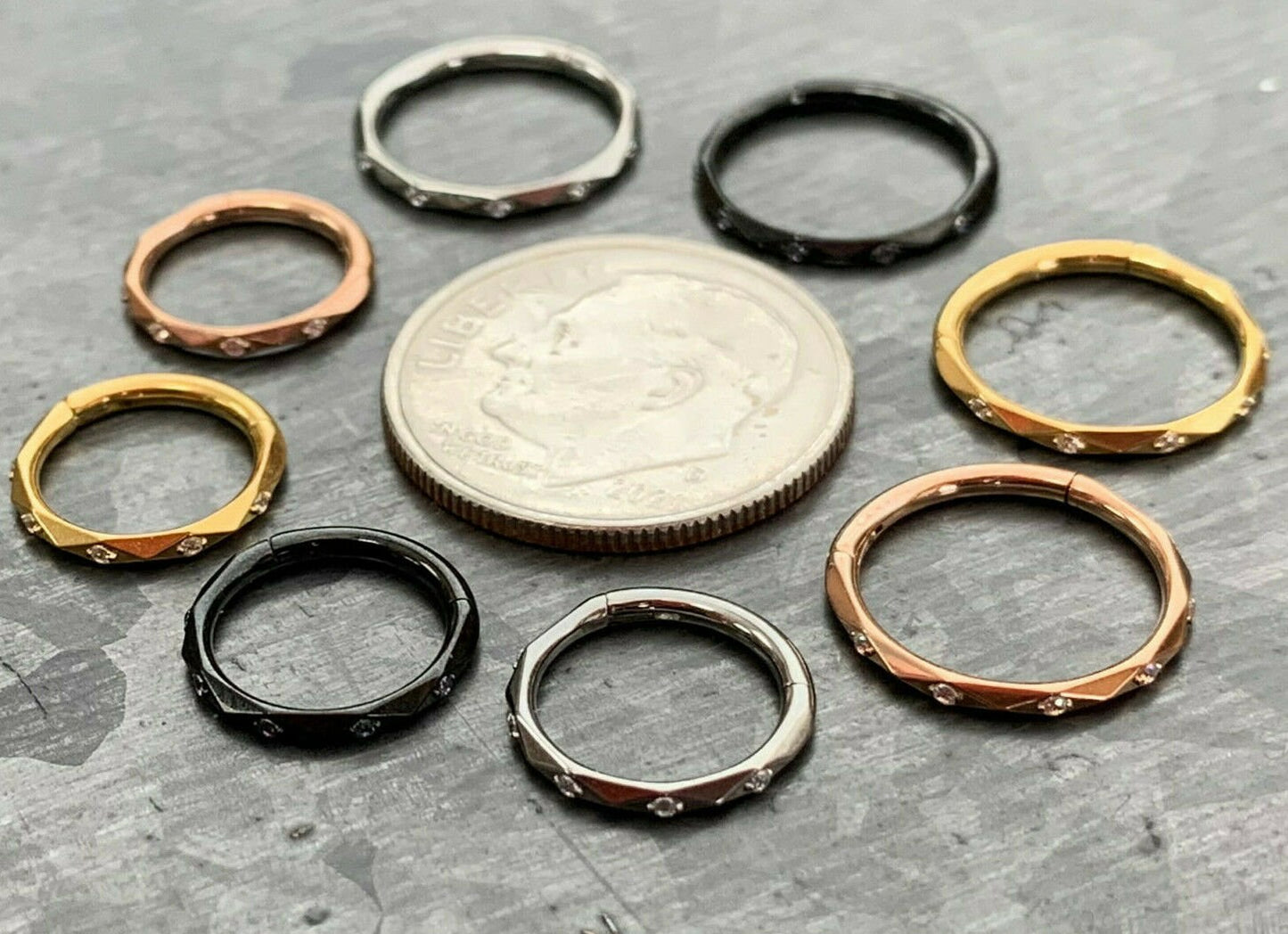 1 Piece Implant Grade Titanium Faceted CZ Gem Hinged Segment Septum Ring - 16g in 10mm or 8mm - Silver, Gold, Rose Gold & Black available!
