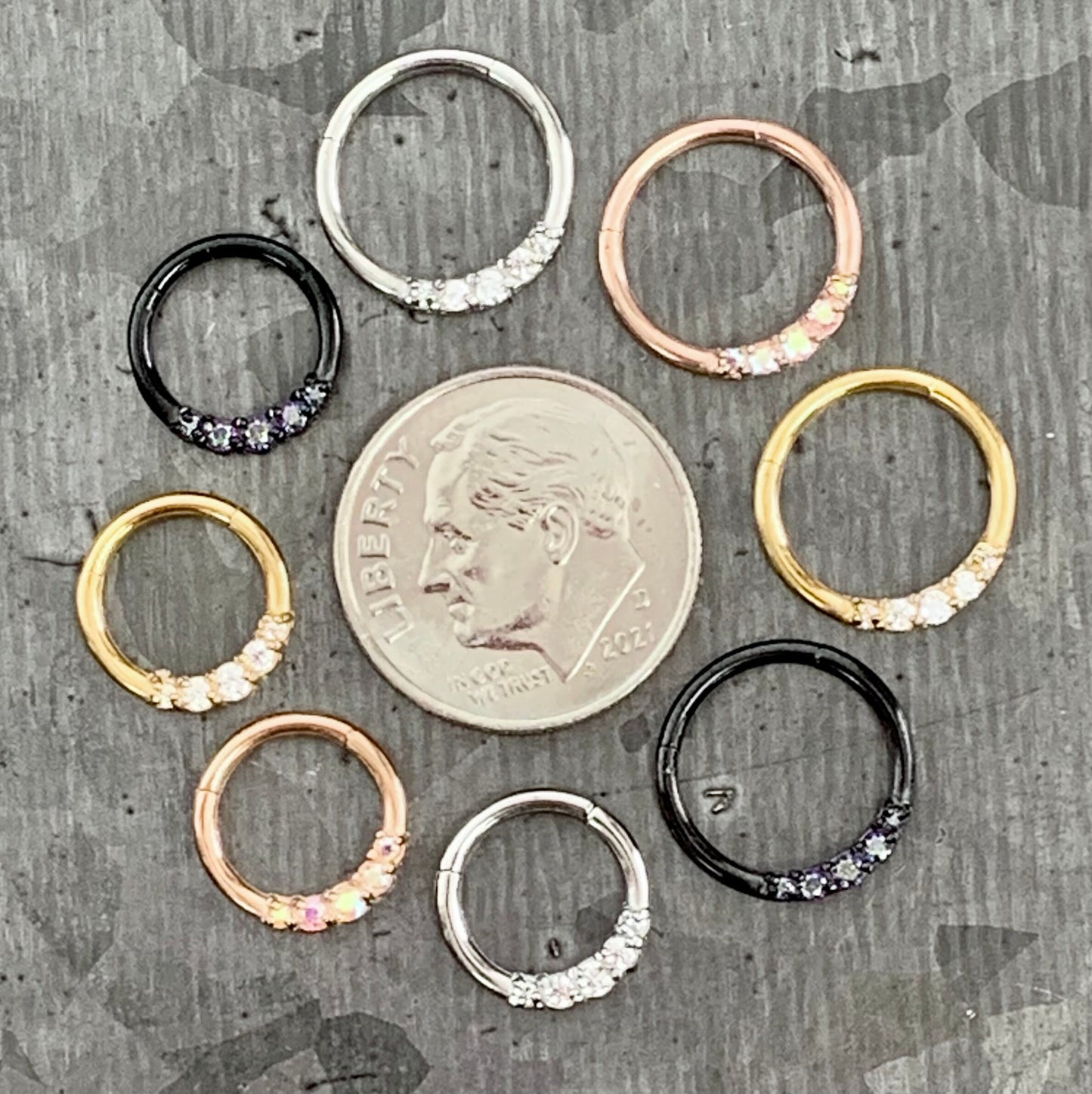1 Piece Brilliant Five CZ Gem Stainless Steel Hinged Segment Septum Ring - 16g - 10mm or 8mm - Silver, Gold, Rose Gold & Black available!