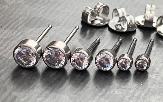 PAIR of Stunning Bezel Set CZ Gem 6AL-4VELI ASTM F136 Implant Grade Titanium Stud Earrings - 2.5mm thru 5mm Available!