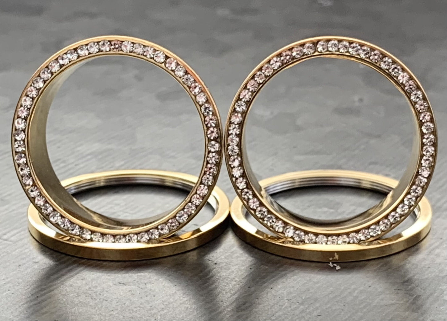 PAIR of Stunning Gold PVD plated CZ Gem Rimmed Tunnels/Plugs - Gauge 8g (3.2mm) thru 1" (25mm) available!
