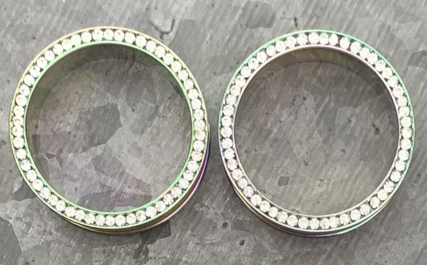 PAIR of Unique Rainbow PVD plated CZ Gem Rimmed Tunnels/Plugs - Gauge 10g (2.5mm) thru 1" (25mm) available!