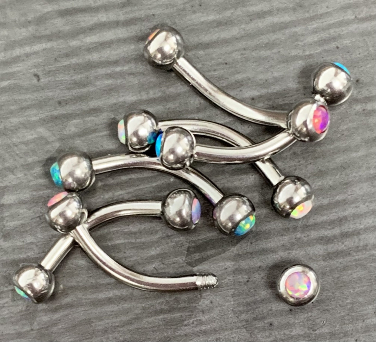 1 Piece Double Opal Curved Barbell Eyebrow Ring - 16g - Length 8mm - White, Blue, Green, Fuchsia, Pink and Purple Available!