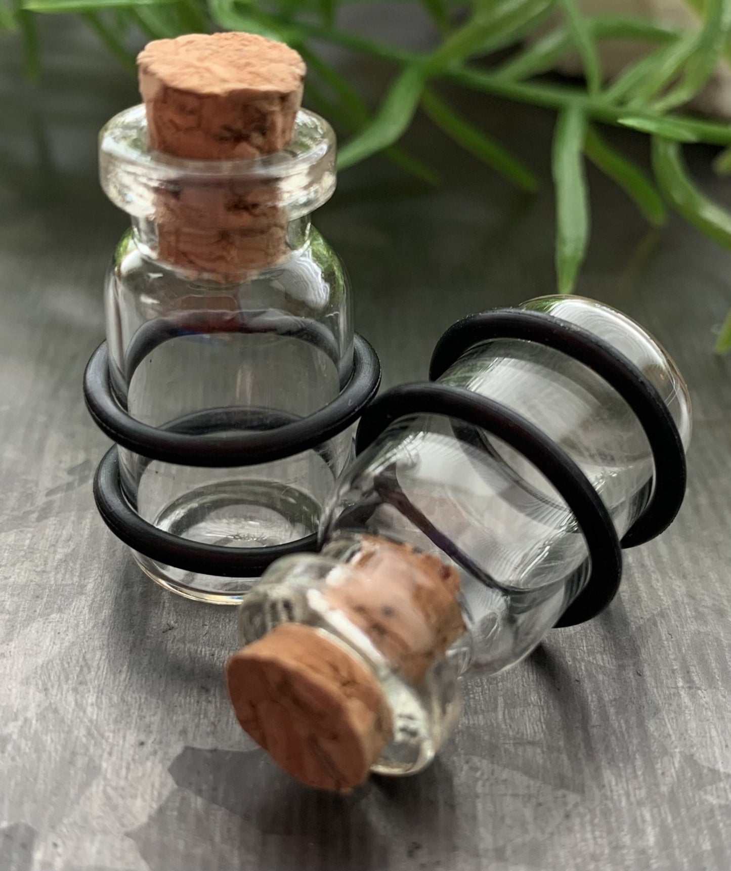 PAIR of Unique Clear Glass Corked Bottle Tunnels/Plugs with O-Rings - Gauges 00g (10mm) thru 5/8" (16mm) available!