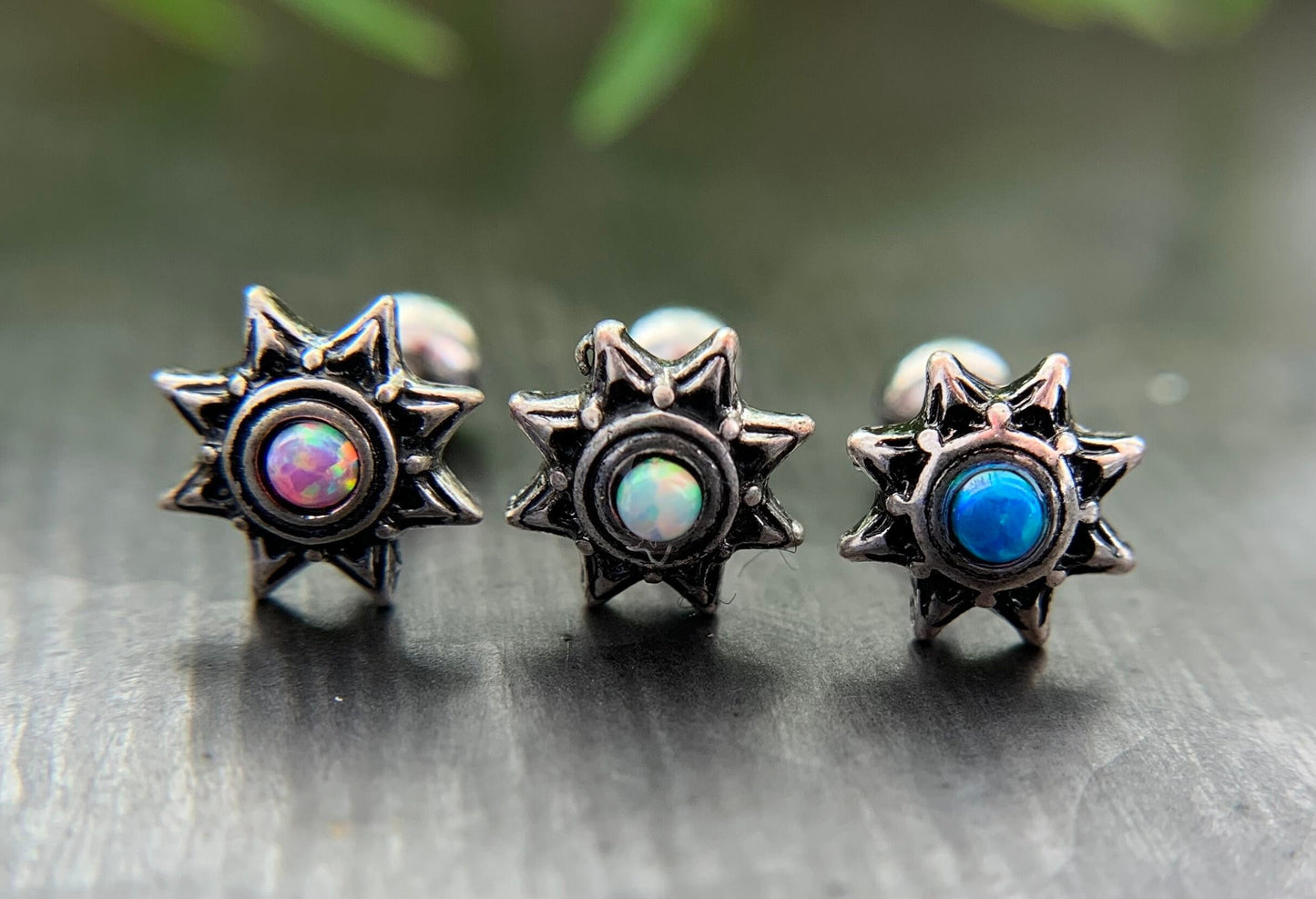 1 Piece Opal Set Tribal Sun Labret- Helix Stud Ring - 16g - 1/4" (8mm) - White, Blue & Pink Available!