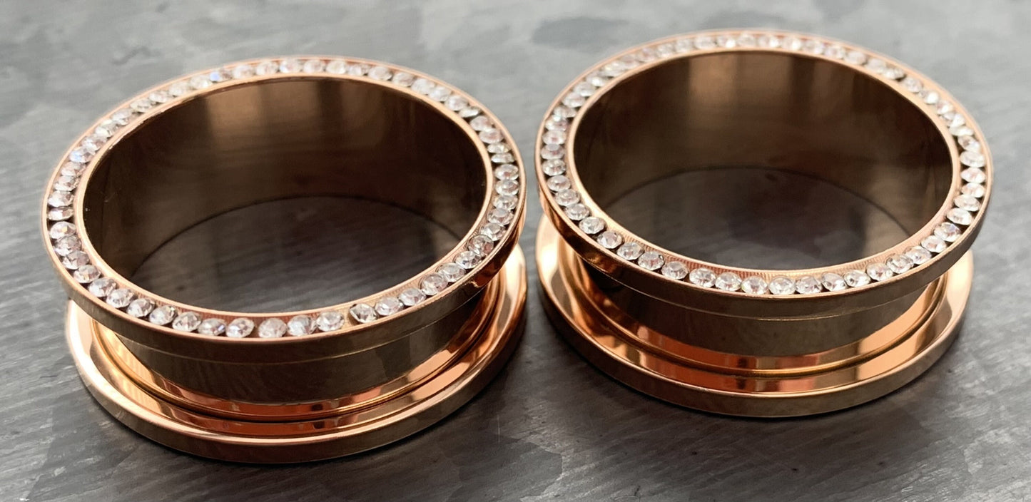 PAIR of Stunning Rose Gold PVD plated CZ Gem Rimmed Tunnels/Plugs - Gauge 10g (2.5mm) thru 1" (25mm) available!