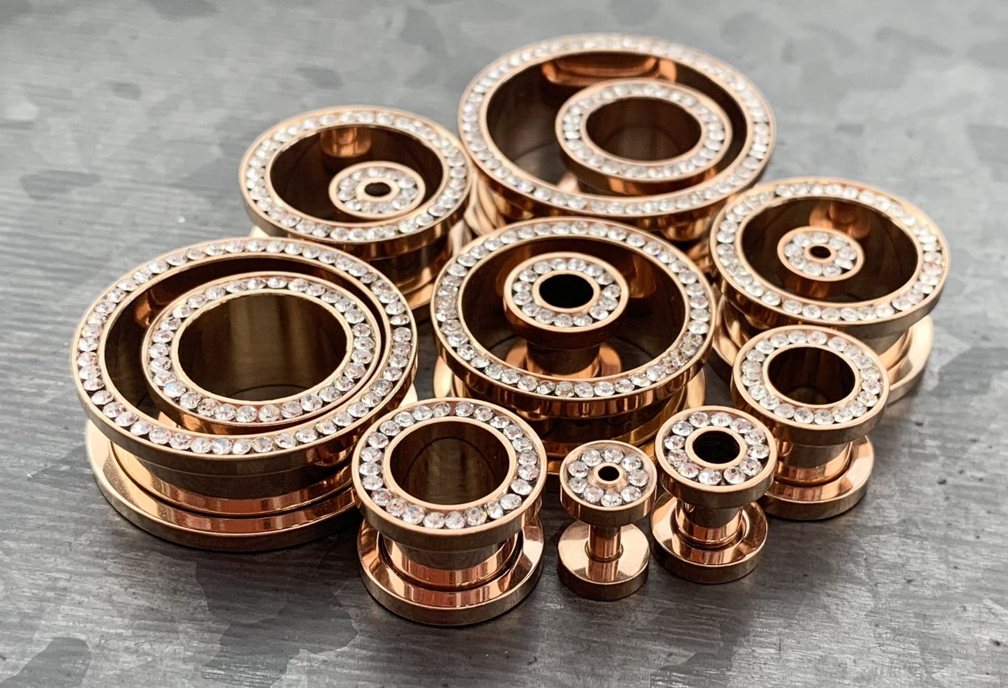 PAIR of Stunning Rose Gold PVD plated CZ Gem Rimmed Tunnels/Plugs - Gauge 10g (2.5mm) thru 1" (25mm) available!