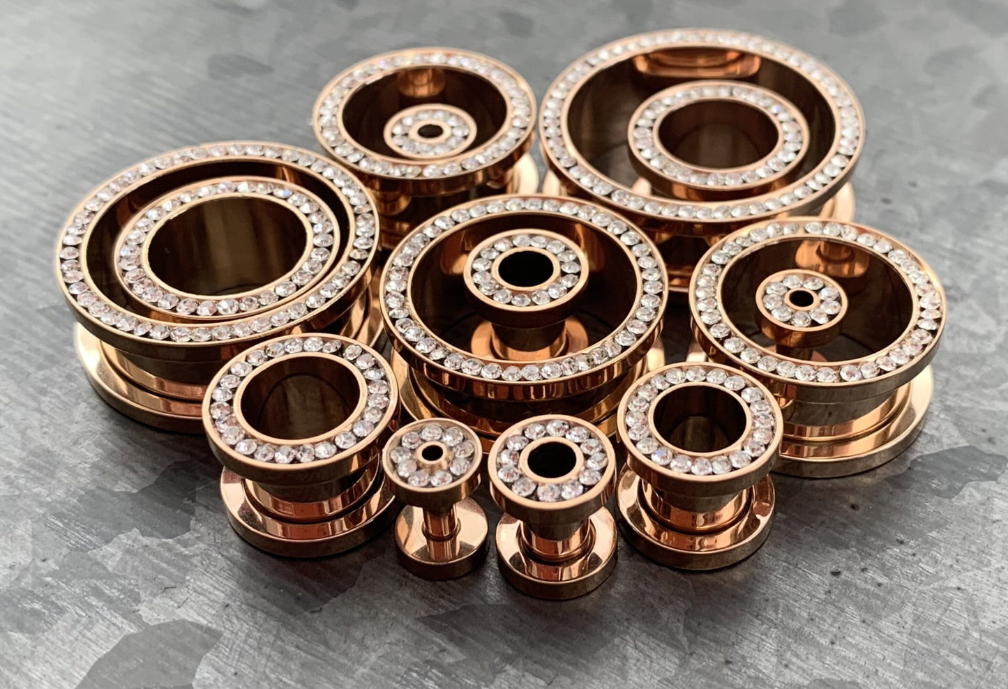 PAIR of Stunning Rose Gold PVD plated CZ Gem Rimmed Tunnels/Plugs - Gauge 10g (2.5mm) thru 1" (25mm) available!