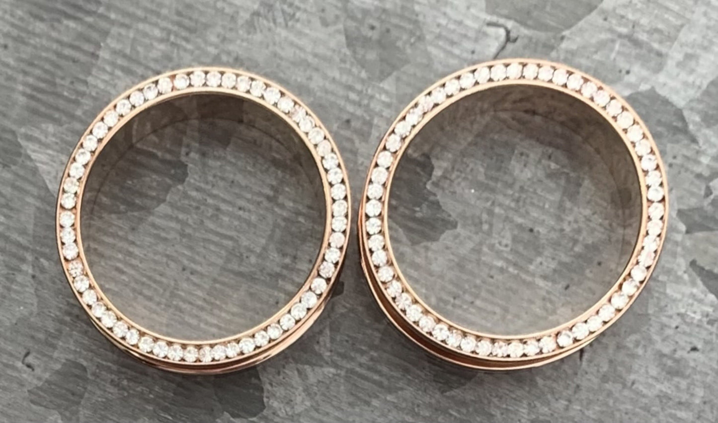 PAIR of Stunning Rose Gold PVD plated CZ Gem Rimmed Tunnels/Plugs - Gauge 10g (2.5mm) thru 1" (25mm) available!