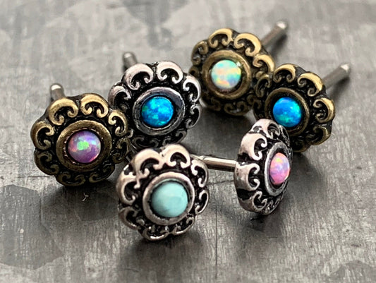 1 Piece Stunning Opal Tribal Heart Filigree Nose Stud/Ring - Antique Gold or Silver Plated - 20g - White, Blue or Pink Available!
