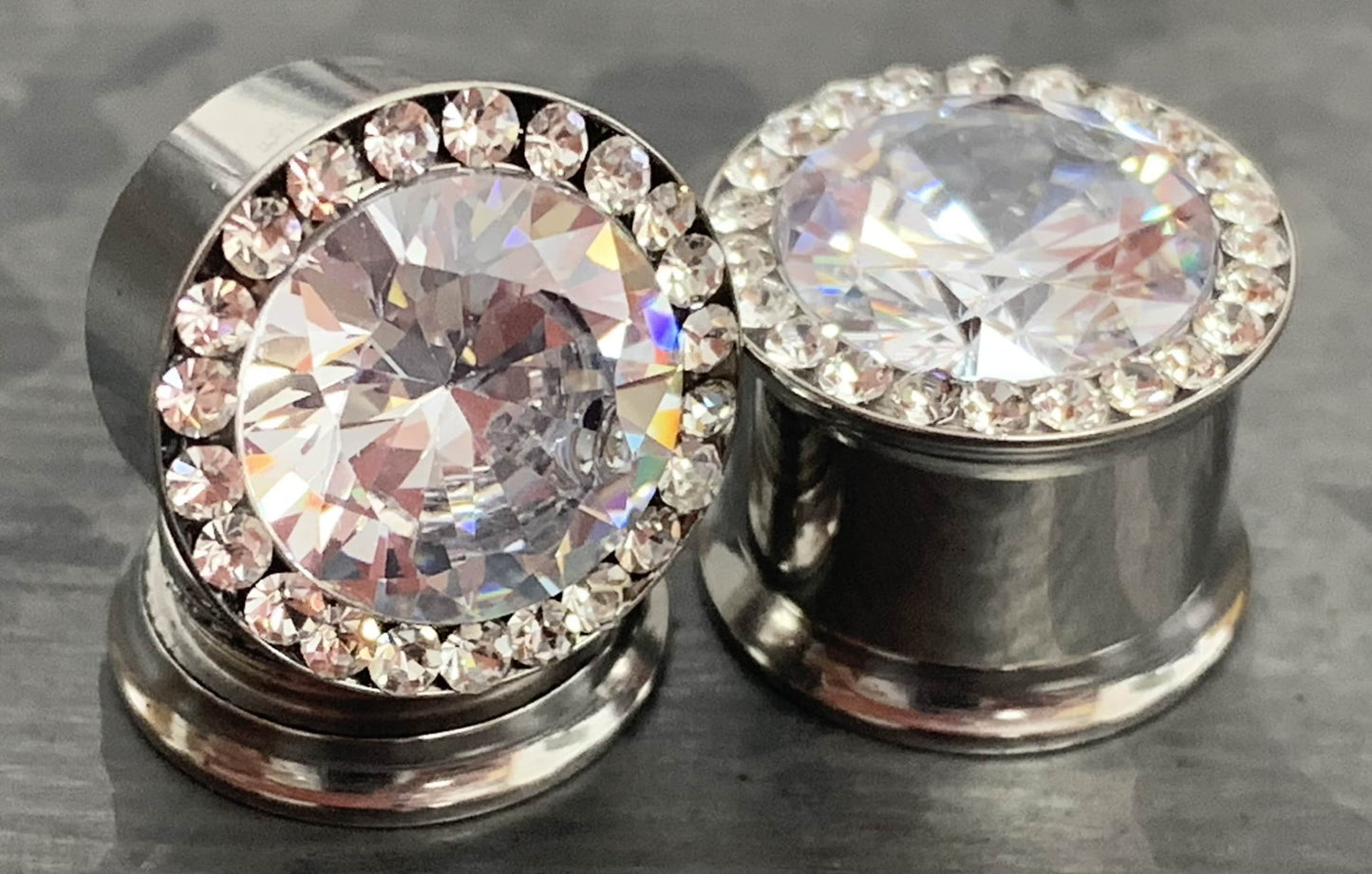PAIR of Large CZ Gem Rimmed Internally Threaded Tunnels/Plugs - Gauge 2g (6mm) thru 0000g (12mm) in Black, Gold, Rose Gold and Silver!