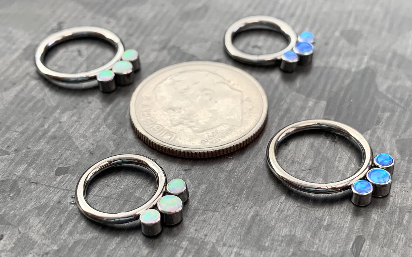 1 Piece Solid Titanium 3 Bezel Set Opals Hinged Segment Septum Ring - White or Blue - 16g, Diameter 10mm or 8mm available!