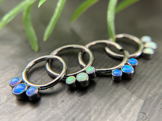 1 Piece Solid Titanium 3 Bezel Set Opals Hinged Segment Septum Ring - White or Blue - 16g, Diameter 10mm or 8mm available!