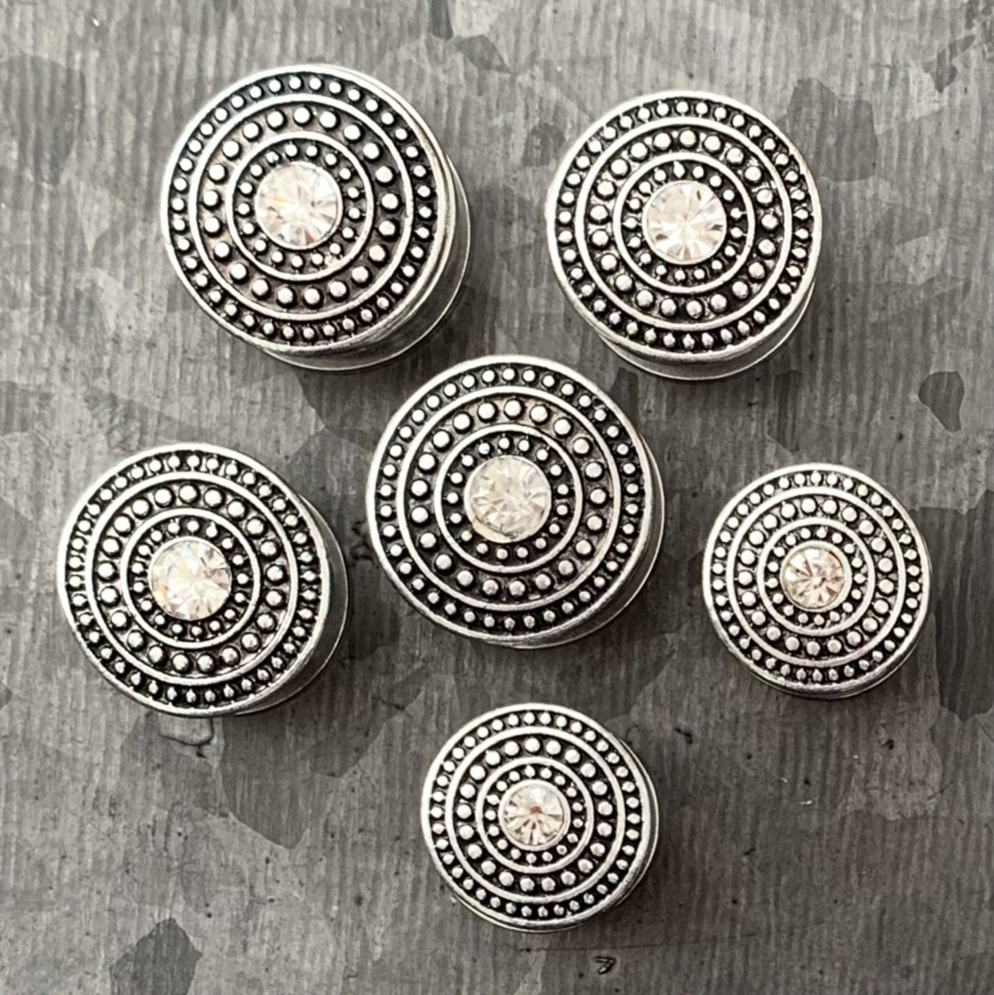 PAIR of Unique Shield Center CZ Gem Double Flare Gold or Silver Steel Tunnels/Plugs - Gauges 4g (5mm) thru 5/8" (16mm) Available!