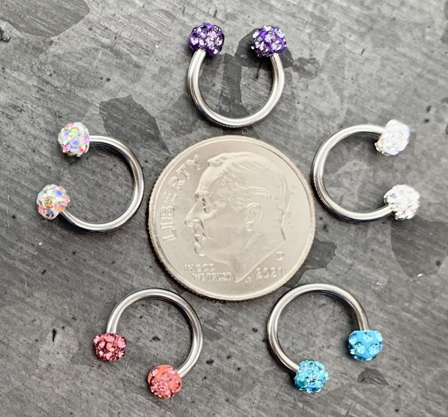 1 Piece Crystal Paved Ferido Balls Horseshoe Circular Septum Ring - 16g, 8mm - Aurora Borealis, White, Pink, Blue or Purple Available!