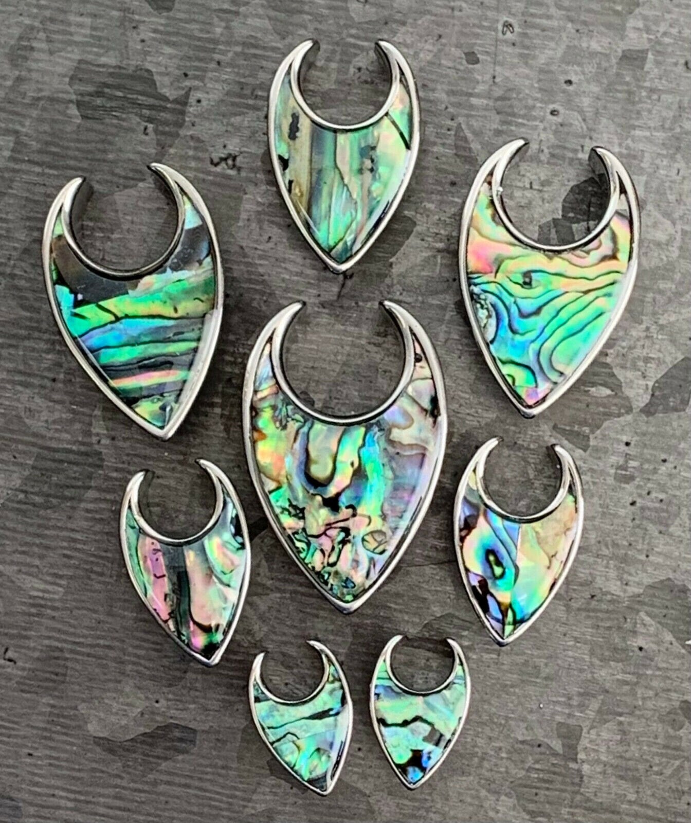 PAIR of Stunning Abalone Tear Drop Surgical Steel Saddle Ear Spreader Tunnels/Plugs/Hangers - Gauges 0g (8mm) thru 5/8" (16mm) available!