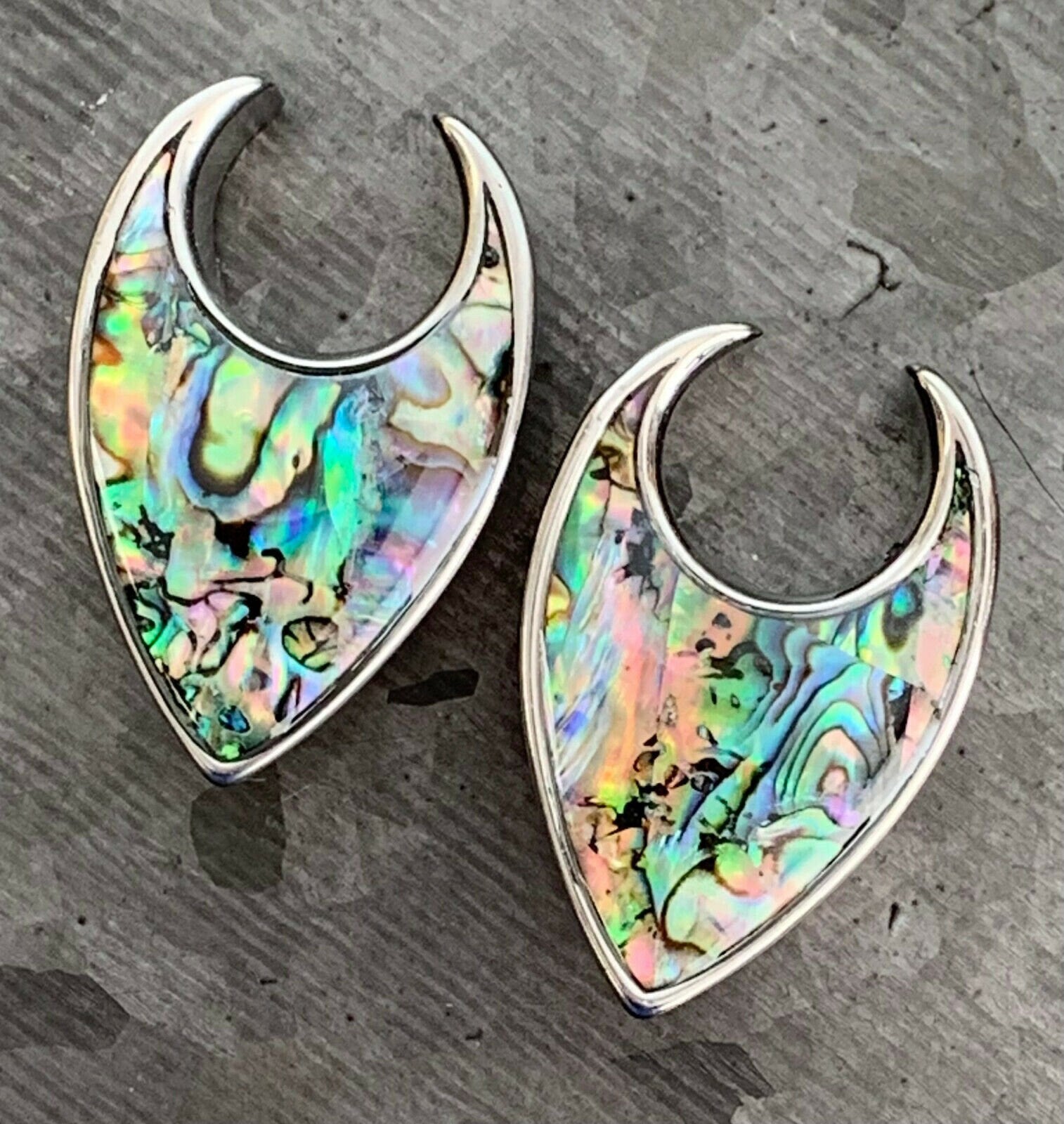 PAIR of Stunning Abalone Tear Drop Surgical Steel Saddle Ear Spreader Tunnels/Plugs/Hangers - Gauges 0g (8mm) thru 5/8" (16mm) available!