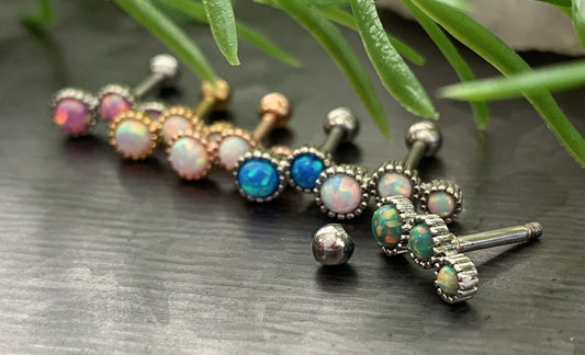 1 Piece Triple Round Opal Steel Tragus Cartilage Stud/Ring - 16g - 1/4" (6mm) - Blue, Green, Gold, Pink, Rose Gold and White Available!