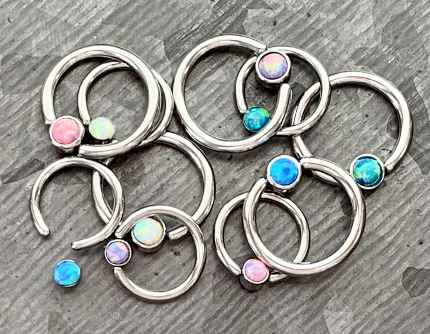 1 Piece of Opal Set Flat-Back Captive Bead Septum Ring - 16g or 14g - 8mm or 10mm - White, Purple, Blue, Pink or Green Available!