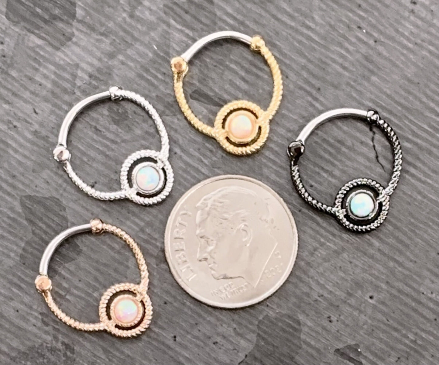 1 Piece Opal Roped Circle Design Septum Clicker Ring - 16g - Gold, Rose Gold, Rhodium and Steel!
