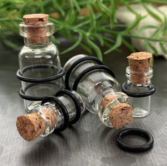 PAIR of Unique Clear Glass Corked Bottle Tunnels/Plugs with O-Rings - Gauges 00g (10mm) thru 5/8" (16mm) available!