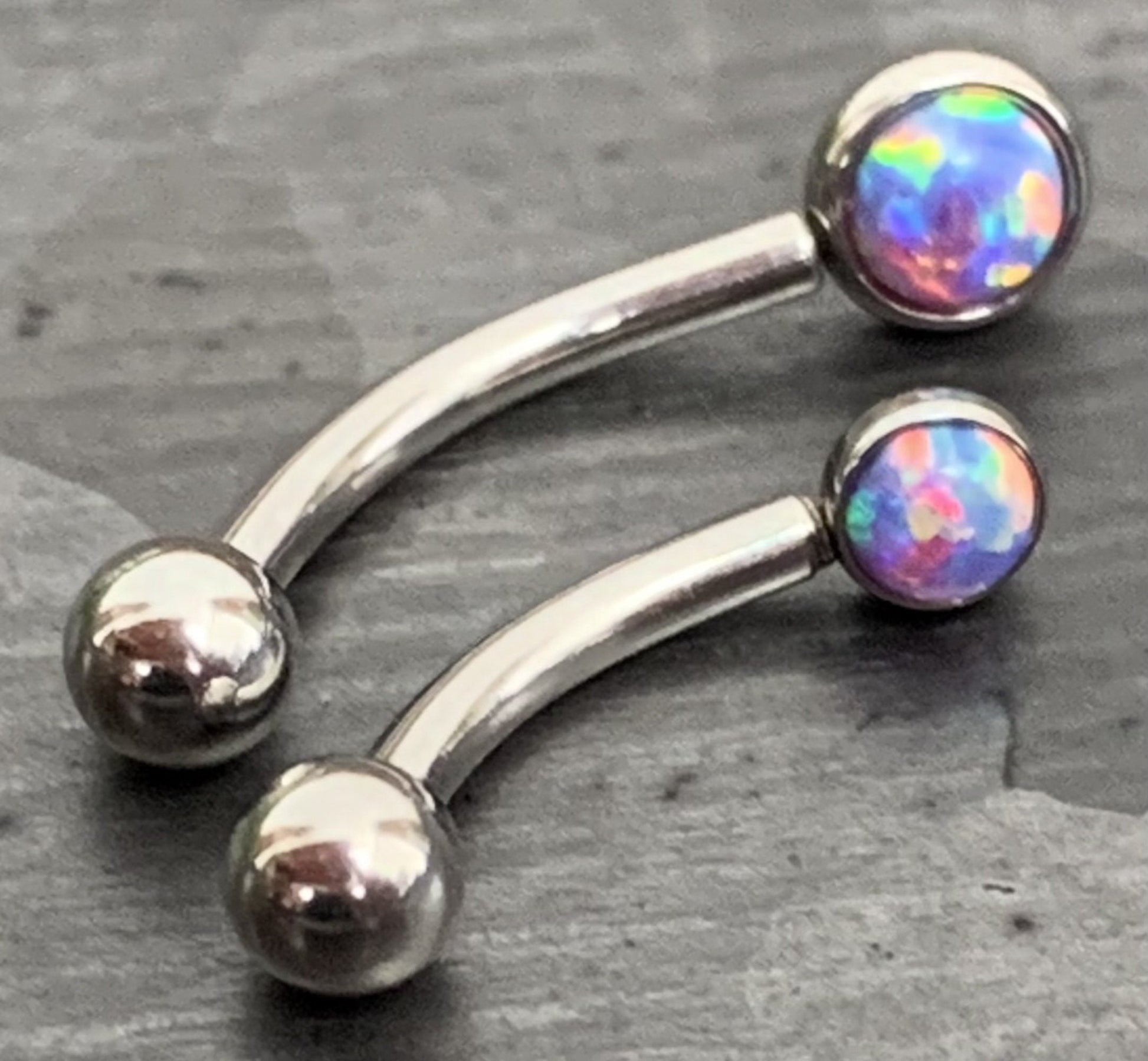 1 Piece Stunning Flat Back Set 3mm Opal Curved Barbell Eyebrow Ring - 16g - Blue, Purple, White, Gold, Rose Gold and Multi-Color Available!