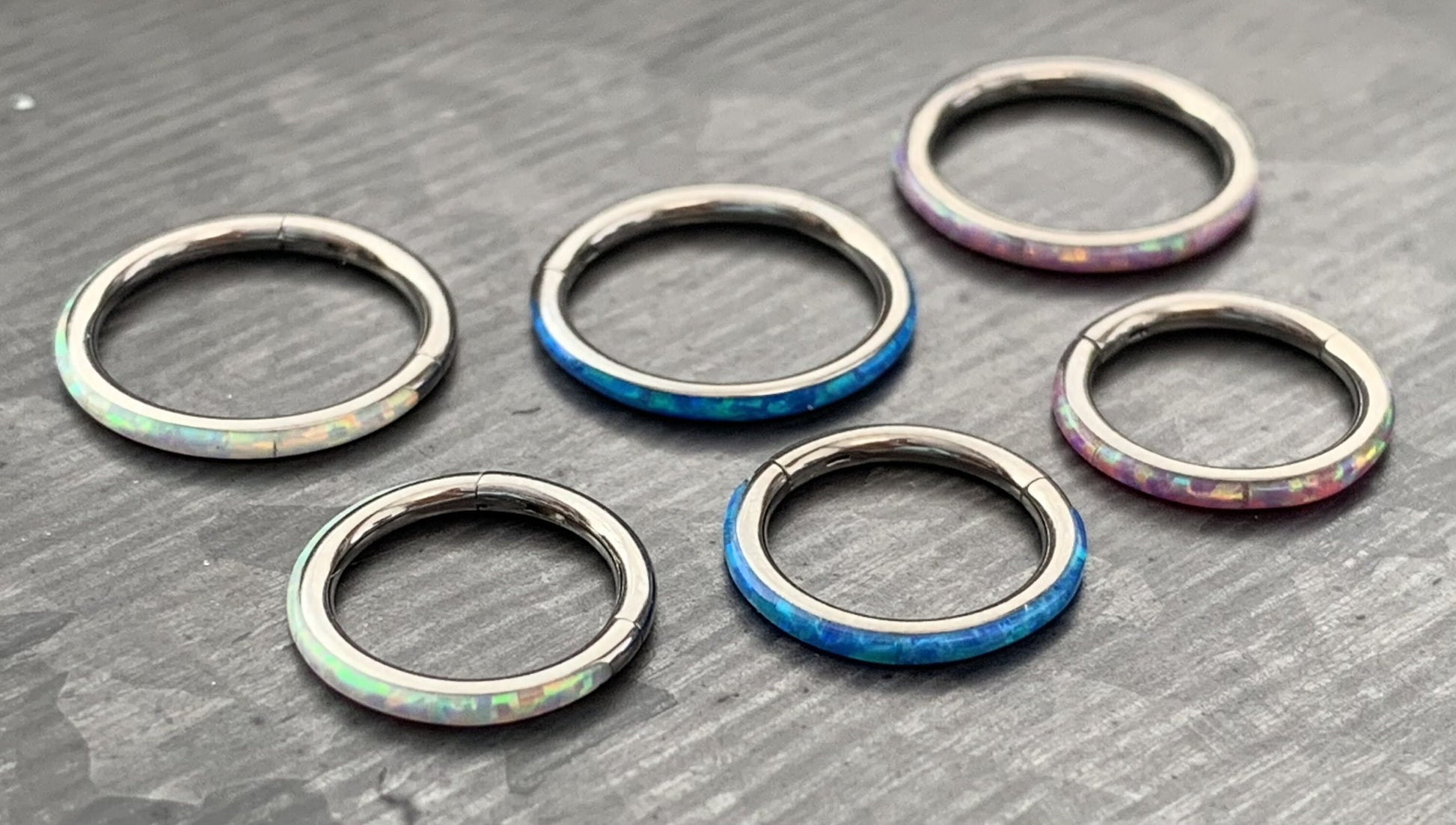 1 Piece Implant Grade Titanium Opal Outer Edge Hinged Segment Septum Ring - White, Pink, Blue - Gauge 16g, Diameter 10mm or 8mm available!