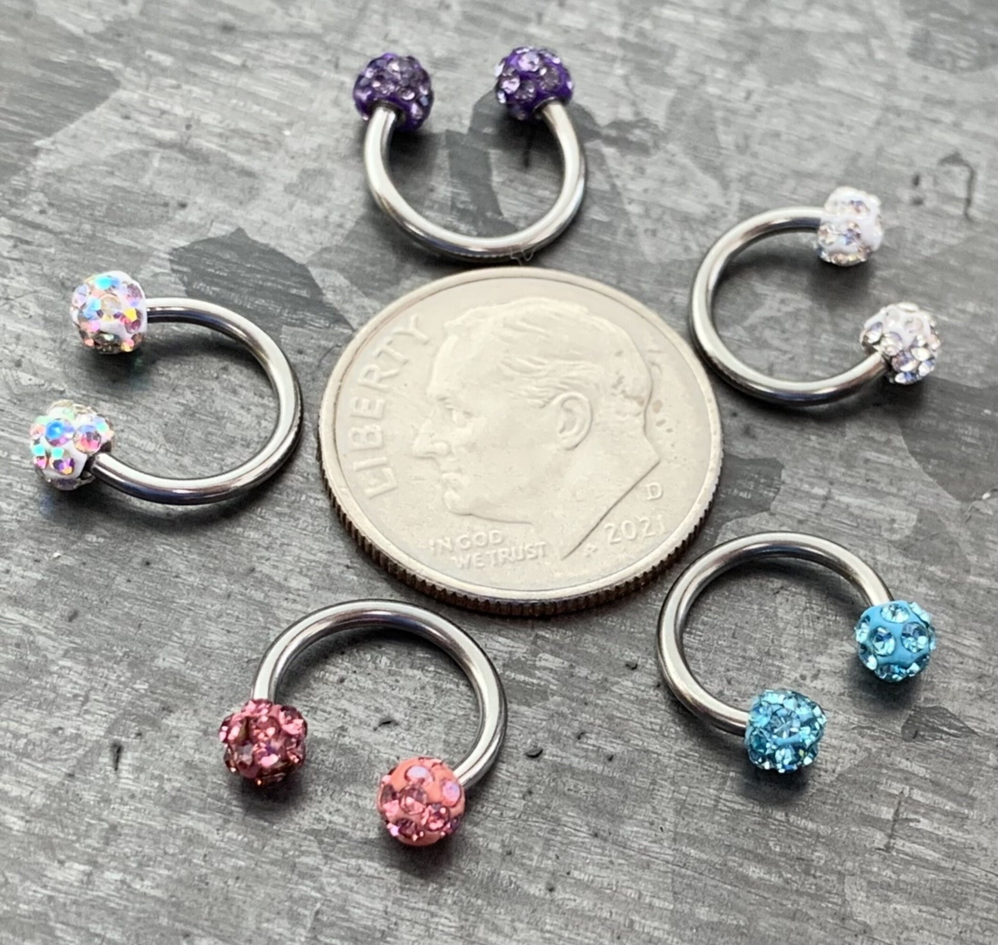 1 Piece Crystal Paved Ferido Balls Horseshoe Circular Septum Ring - 16g, 8mm - Aurora Borealis, White, Pink, Blue or Purple Available!