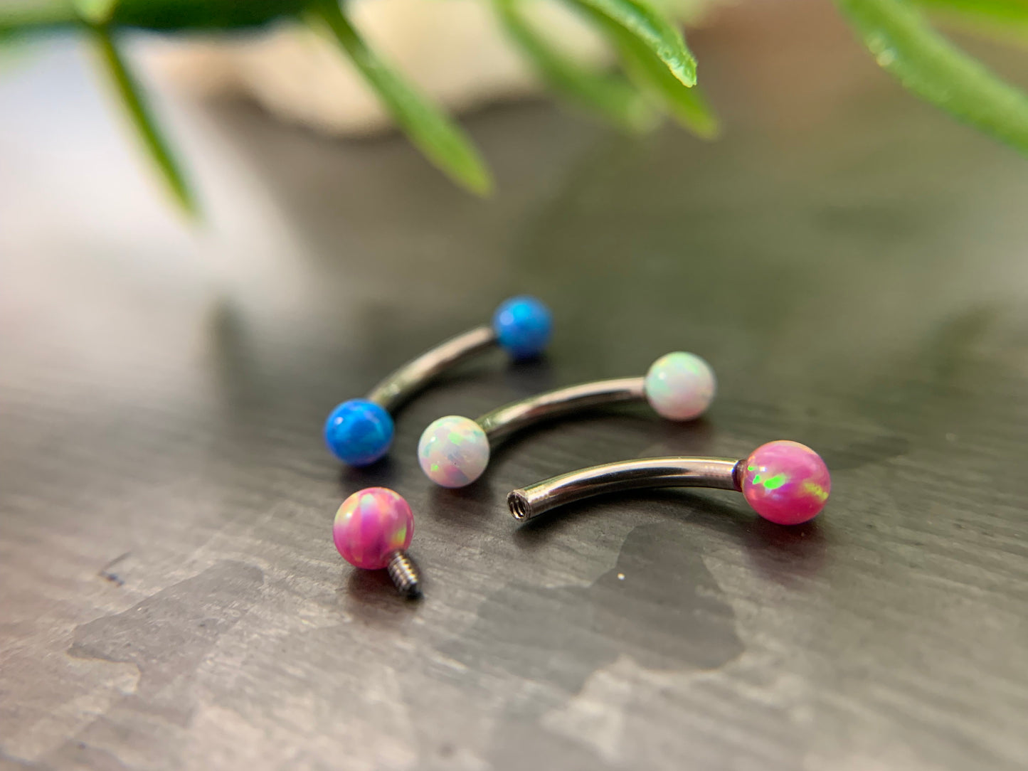 1 Piece Opal Balls Curved Surgical Steel Eyebrow Ring - 16g, 5/16" (8mm) - Blue, Pink or White - YOU Choose Color!!!