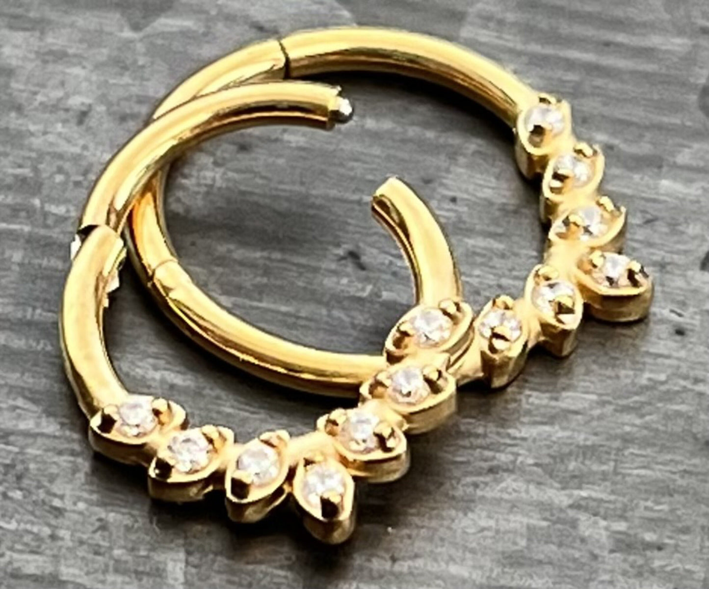 1 Piece Stunning Seven CZ Gem Leaves Steel Hinged Segment Ring - 16g - 8mm or 10mm Internal Diameter - Black, Gold, Rose Gold and Silver!